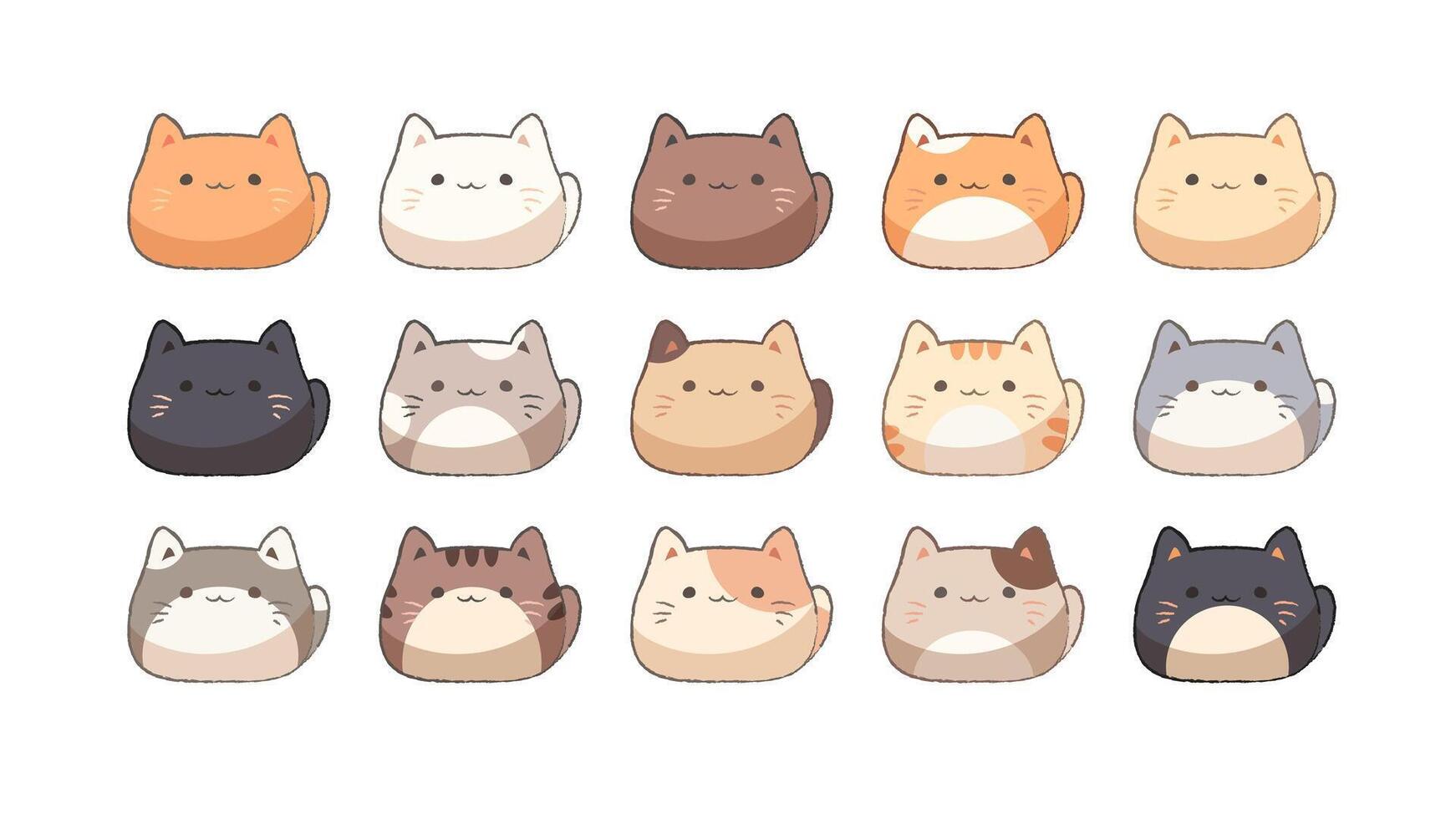 Kawaii cat heads in colors. Anime kittens, cute animals for game and design in Japanese style. icons vector