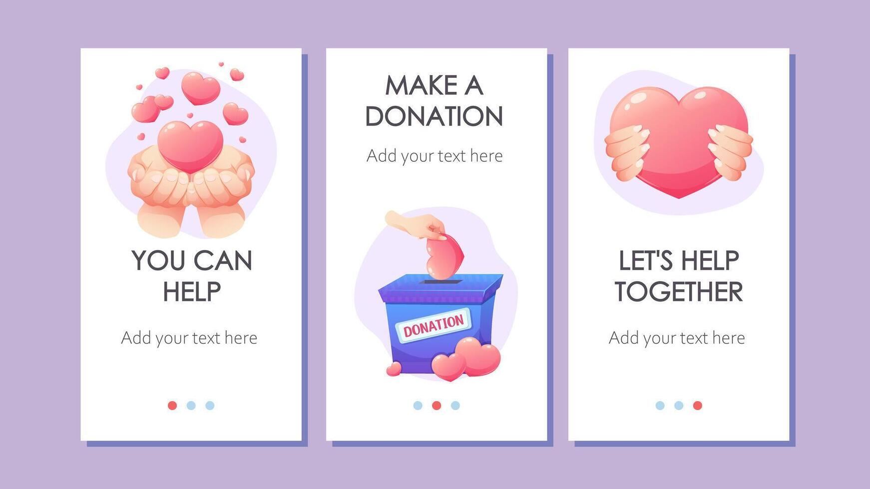 Donation Poster Set. template for mobile app, banners. Hands with hearts, donation box. You can help, make a donation, let's help together vector