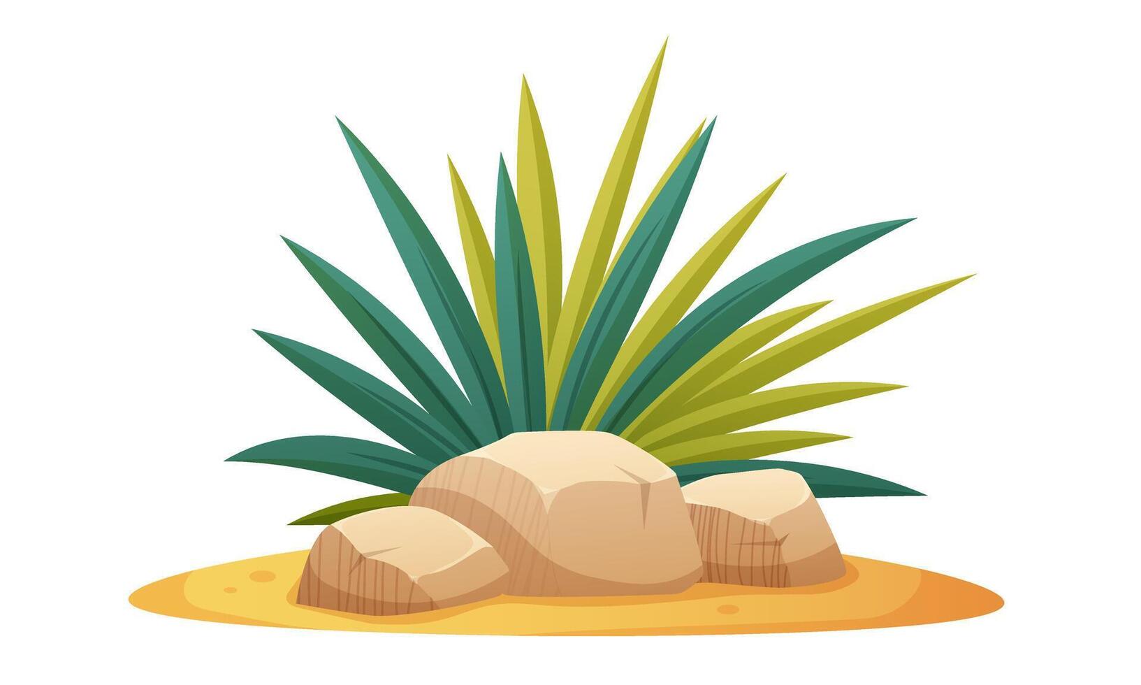 Tropical bush, jungle leaves, tall grass with stones on sand. cartoon element on white background vector