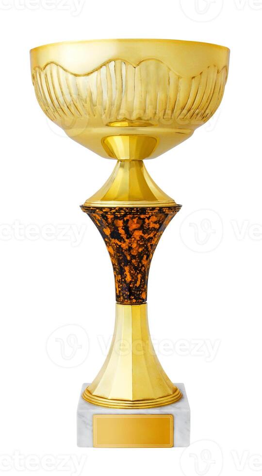 A Gold trophy cup with gilded nameplate on the base, isolated on a white background photo