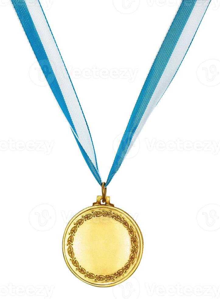 Gold medal with two color ribbon, isolated on a white background photo