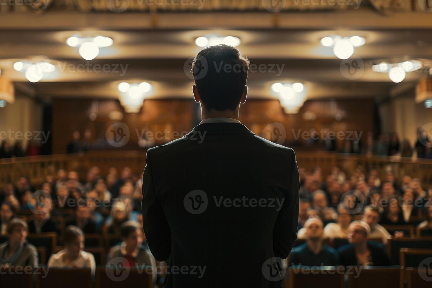 A man giving a presentation to a large audience in an indoor setting photo