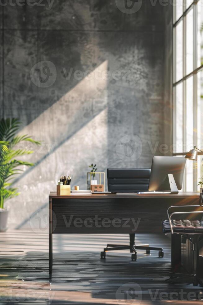 Modern office desk with large window and natural light photo