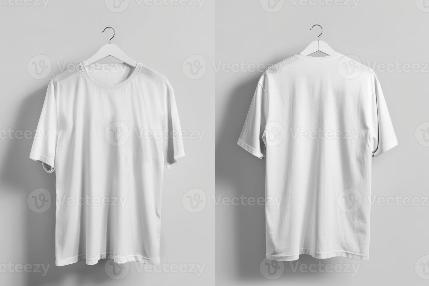 White t-shirt mockup on hanger, front and back view photo