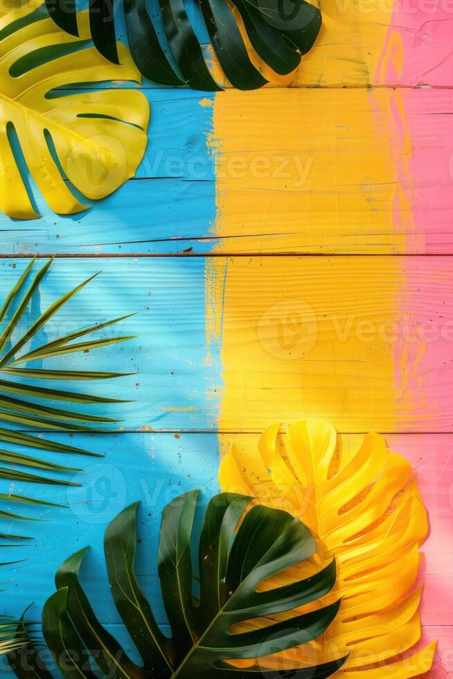 Tropical leaves arranged on brightly colored wooden vertical background, copy space photo