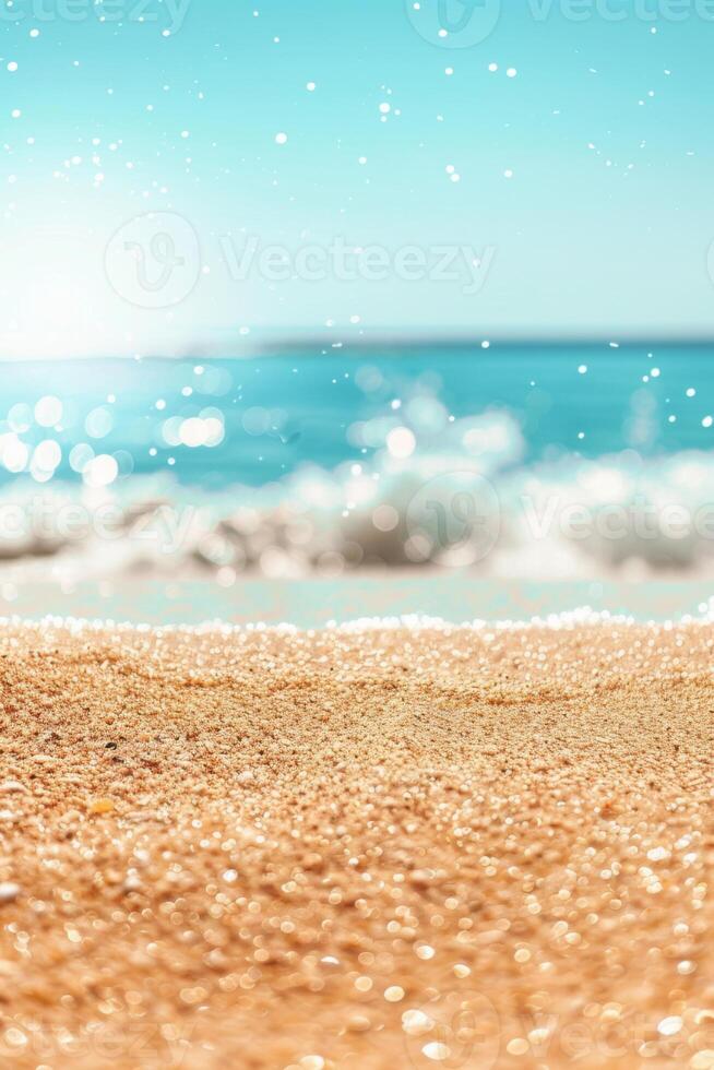 Close up view of sandy beach with blue ocean and white waves. Vertical background. photo