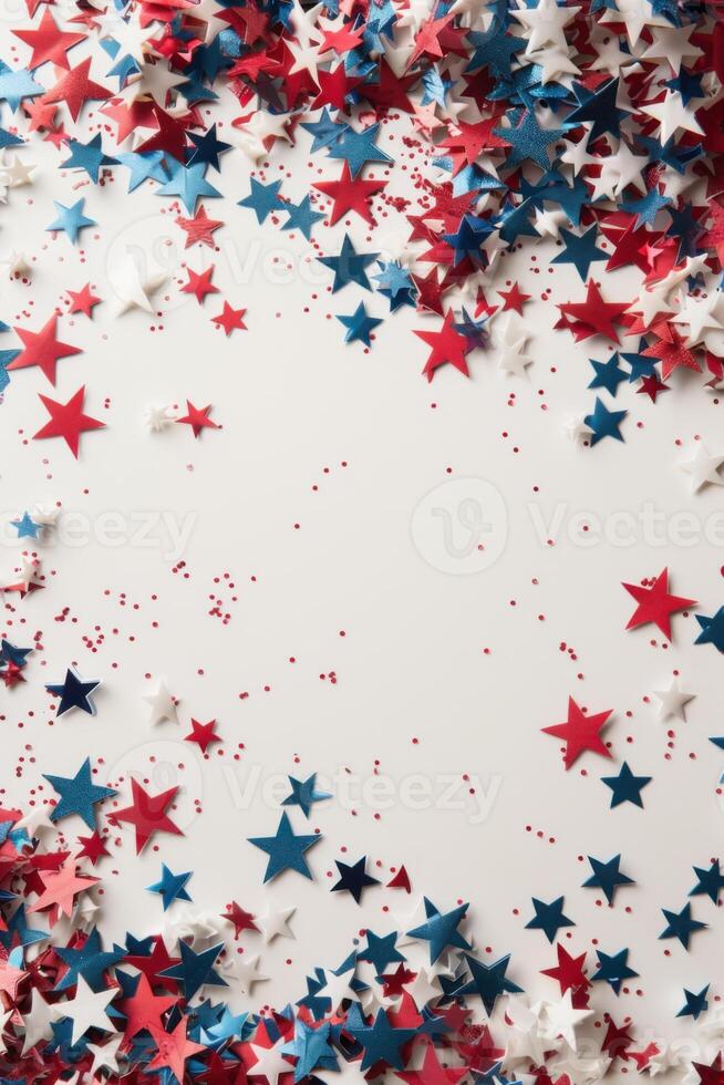 Festive red, white, and blue star confetti scattered on white background, copy space photo