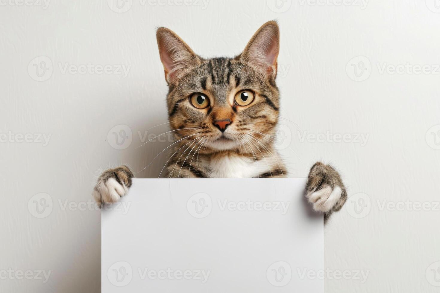 Tabby cat peeking over white blank sign with curious expression. photo