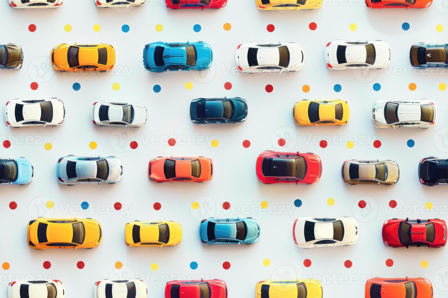 Seamless pattern of colorful toy cars arranged on a white surface with confetti photo