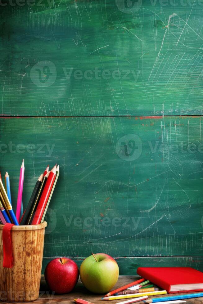 Green chalkboard with pencils, apples and red notebook. Back to school background. photo