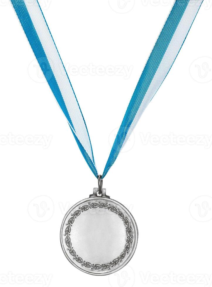 Silver medal with two color ribbon, isolated on a white background photo