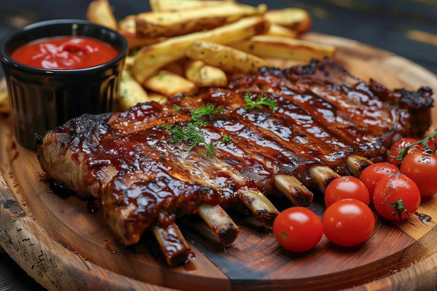 Juicy kebab, served with potatoes in combination with cherry tomatoes. photo