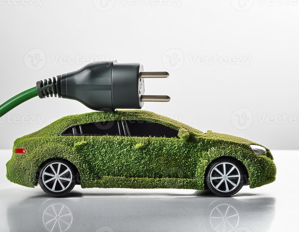 Electric Car is charging battery. Environmentally friendly car. Green energy and environmental sustaibale photo concept