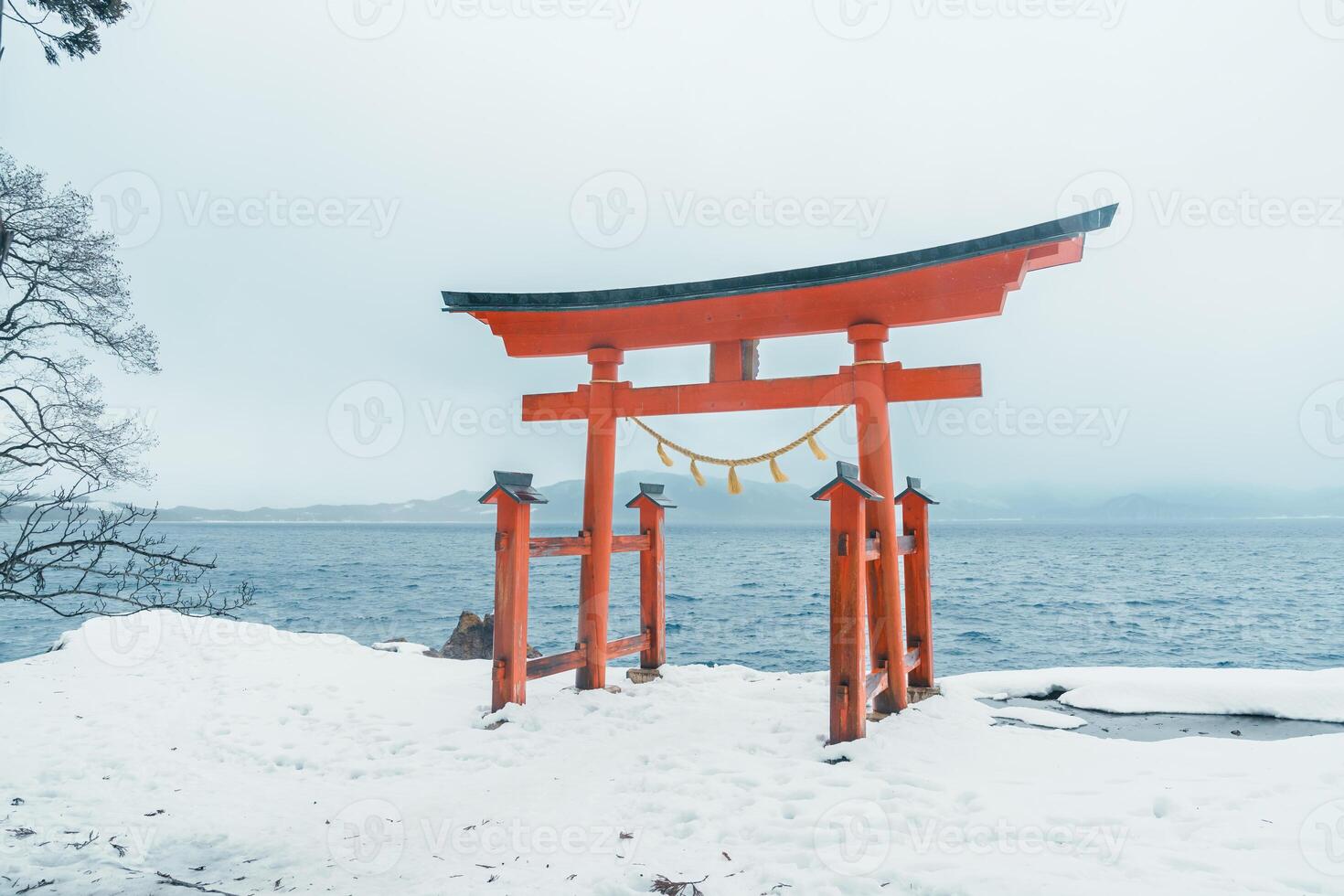Red Japanese Torii gate of Goza no Ishi Shrine at lake tazawa in winter, located in Semboku city, Akita Prefecture, northern Japan. Landmark and famous for tourists attractions in Tohoku region, Japan photo