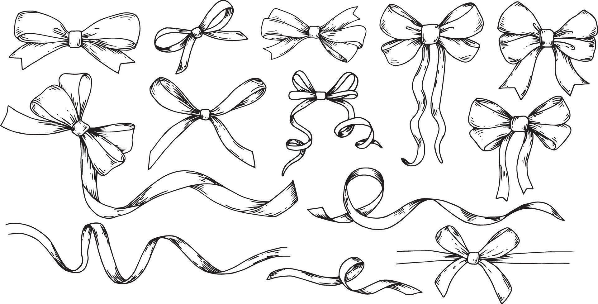 set of illustrations in sketch style. bows, silk ribbon. symbol of the fight against breast cancer, femininity vector