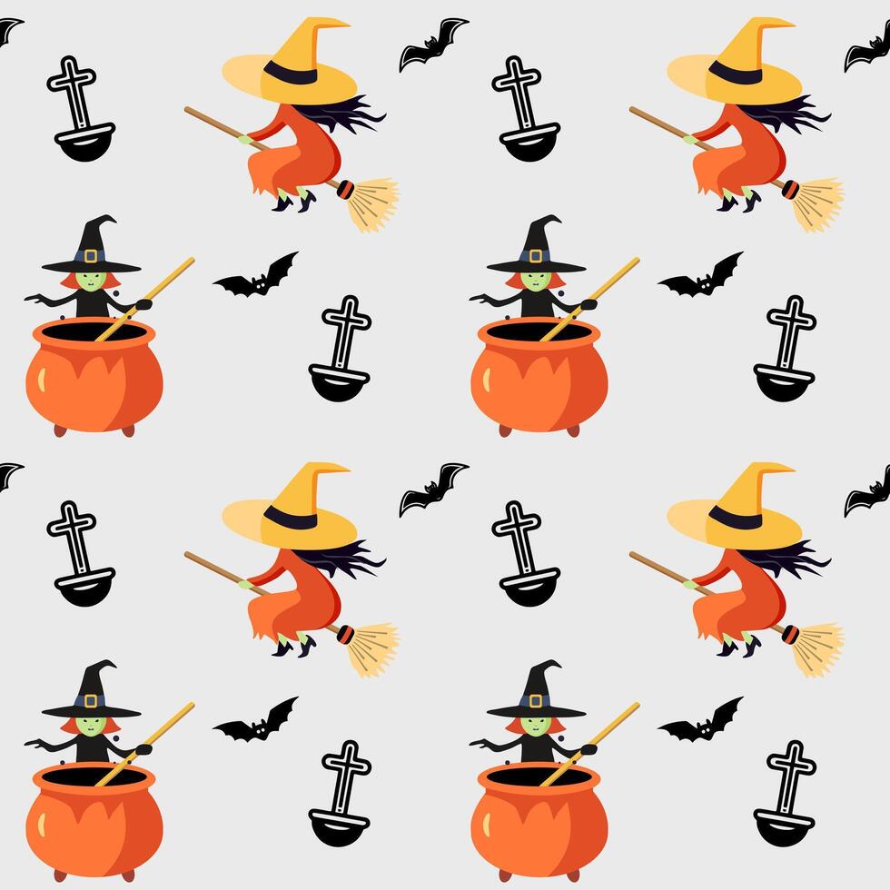 Halloween pattern with witch. Orange witch flying on broom and brews a potion. Halloween background, seamless pattern. vector