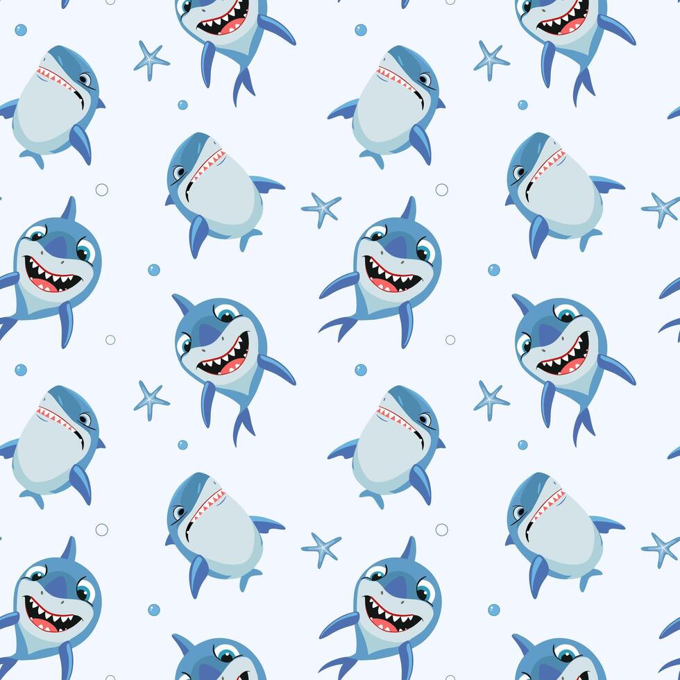 Seamless pattern with cartoon sharks. Shark backgrounds. Funny fish characters vector