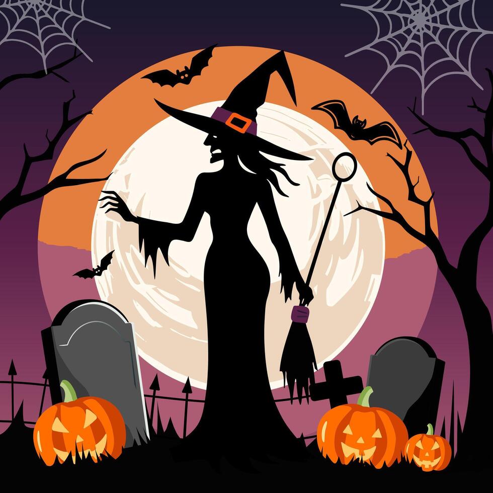 Witch with a broomstick. Halloween witch Silhouette. illustration witch, moon, cemetery, pumpkins vector