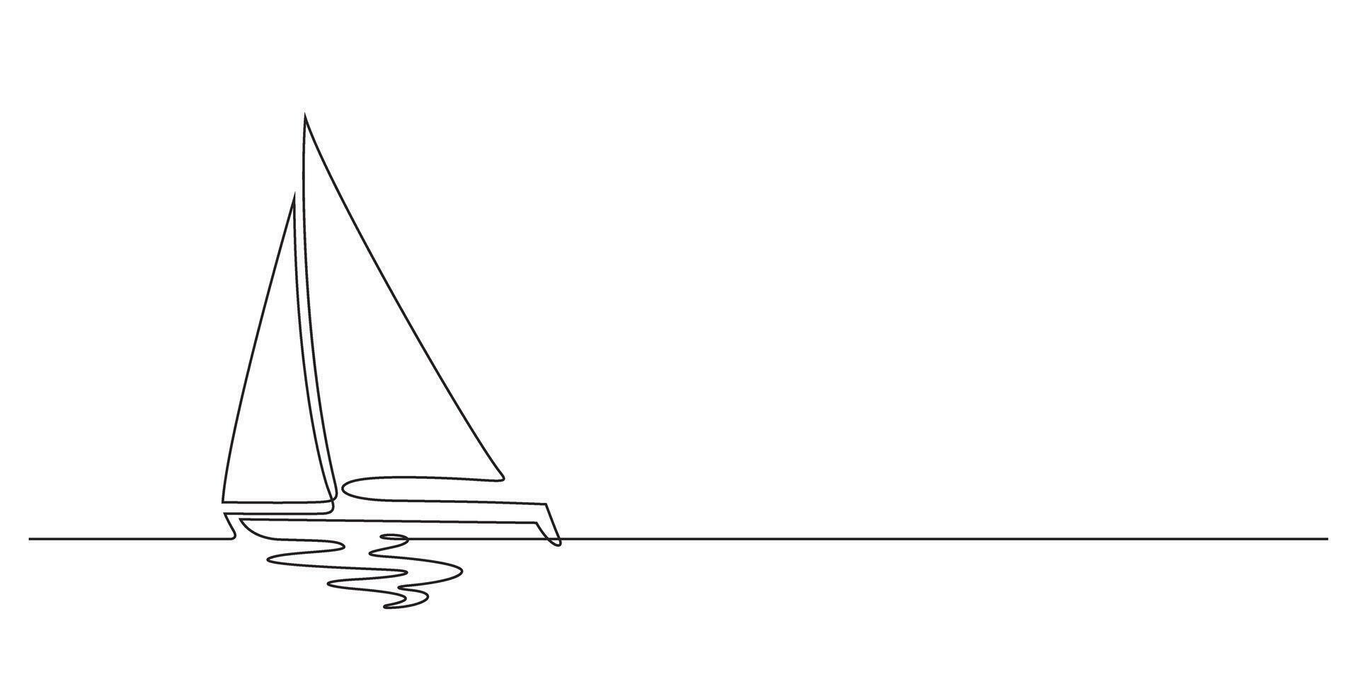 sailing boat and sea waves reflection horizontal line art vector
