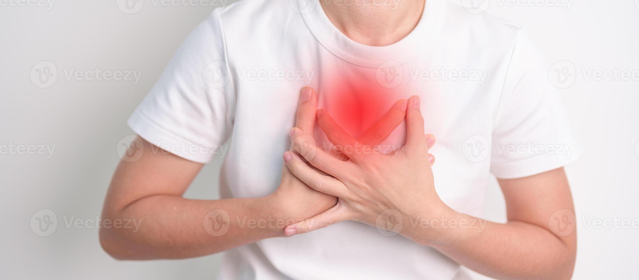 Woman hold Chest pain due to Respiratory and Cardiovascular system failure. Lung Cancer, Asthma disease, Chronic Obstructive Pulmonary or COPD, Bronchitis, Cystic Fibrosis, Bronchiectasis, Pneumonia photo
