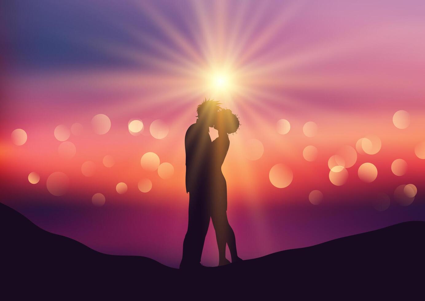 Silhouette of kissing couple on a defocussed sunset background vector