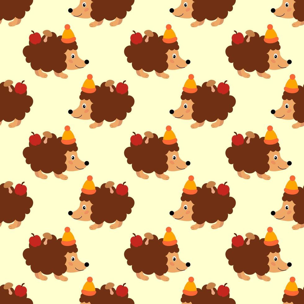 Seamless pattern of cute cartoon hedgehogs with autumn apple, mushroom. Cozy autumn background. flat illustration. vector