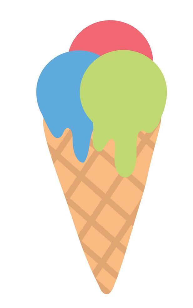 Ice cream in waffle cone with colorful three scoops. Summer time sweet food. flat illustration. vector