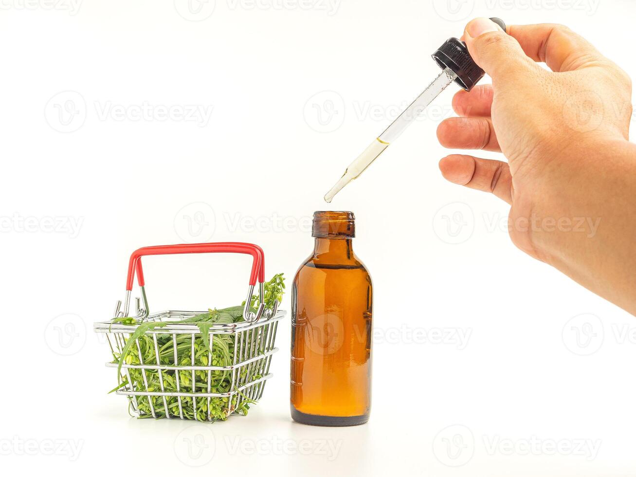 Doctor or Scientist hand holding of cannabis extraction oil bottle and marijuana leaves and male buds flower in a mini basket isolated white background. Marijuana for medical and business concept photo