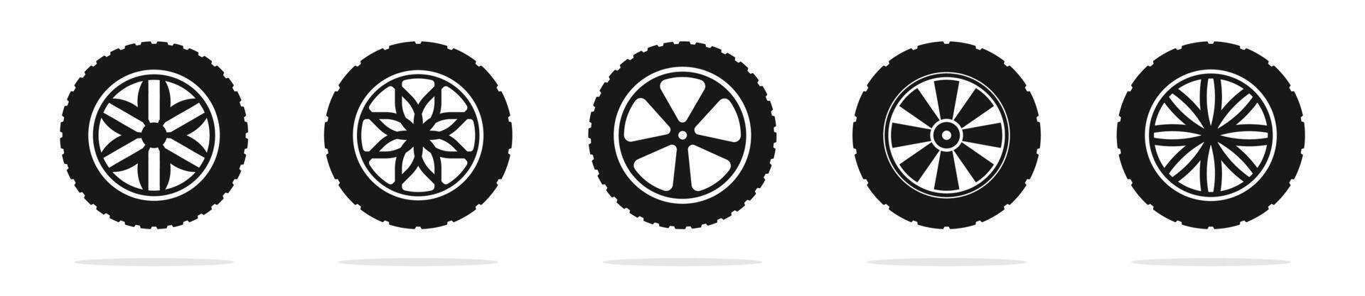 Car wheels. Wheel tires. Tires, wheel disks. Car wheel icons. Car wheel silhouettes. vector
