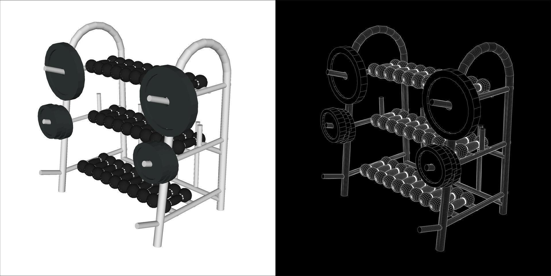 dumbbell rack wireframe Illustration line art blueprint on transparent background vector