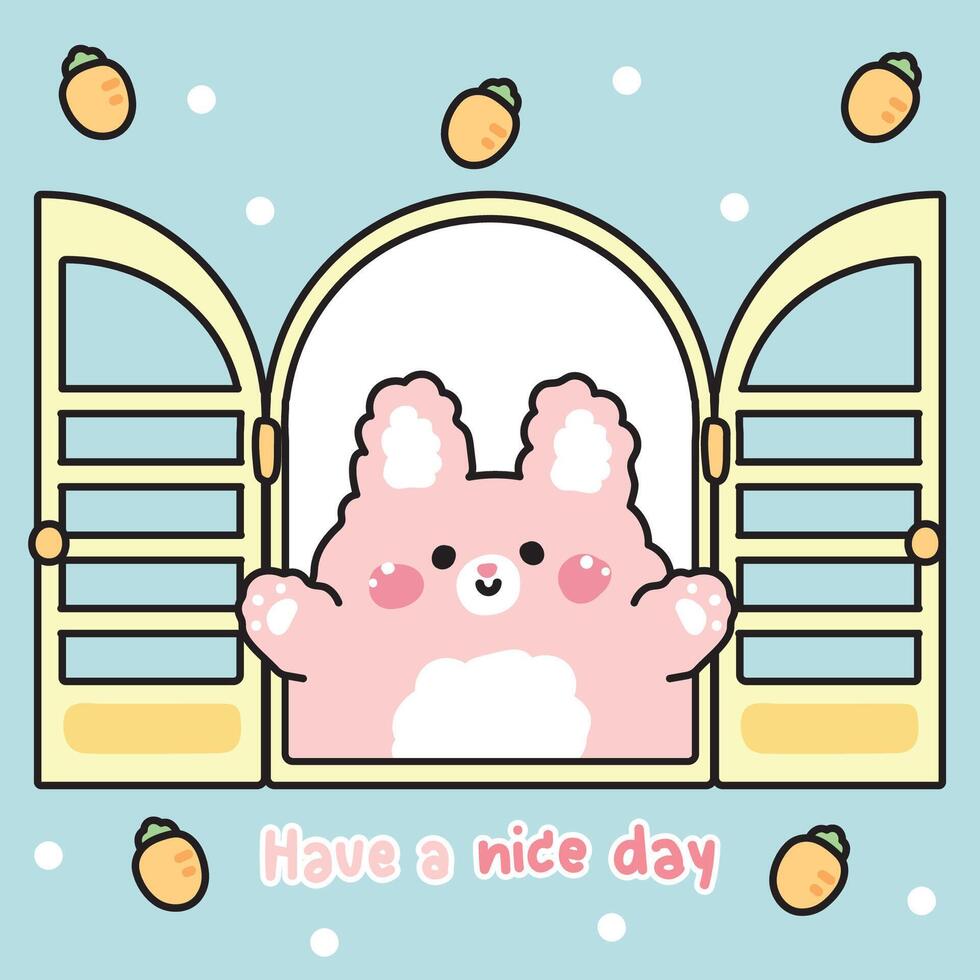 Cute rabbit open the window with carrot background.Have a nice day text.Easter.Rodent animal character cartoon design.Image for card,sticker,baby product.Kawaii.Illustration. vector