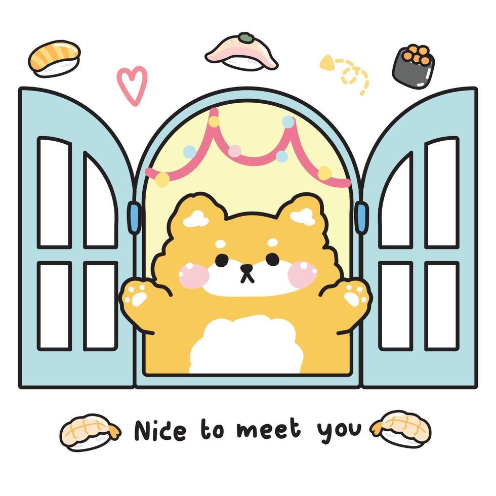 Cute shiba inu dog open the window with sushi is japanese food.Pet animal character cartoon design.Image for card,sticker,baby product.Kawaii.Illustration vector