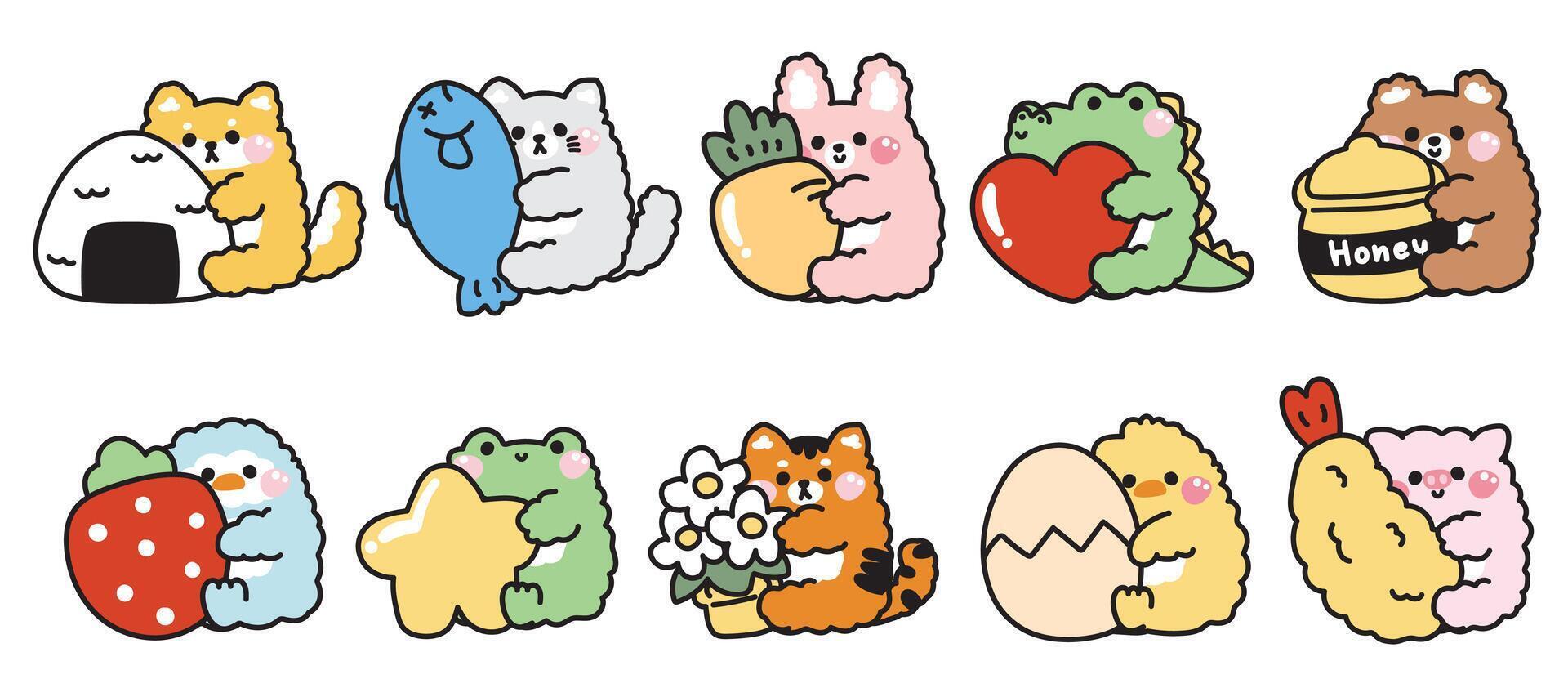 Set of cute animals doll hug various object.Cartoon character design.Frog,rabbit,bear,dog,cat hand drawn.Baby graphic.Kawaii.Illustration. vector