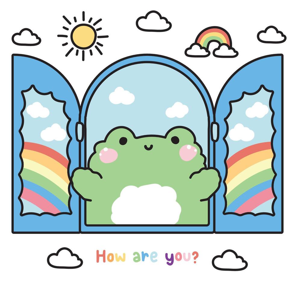 Cute frog open the window with sun cloud and rainbow sky background.Reptile animal character cartoon design.Image for card,sticker,baby product.Kawaii.Illustration vector
