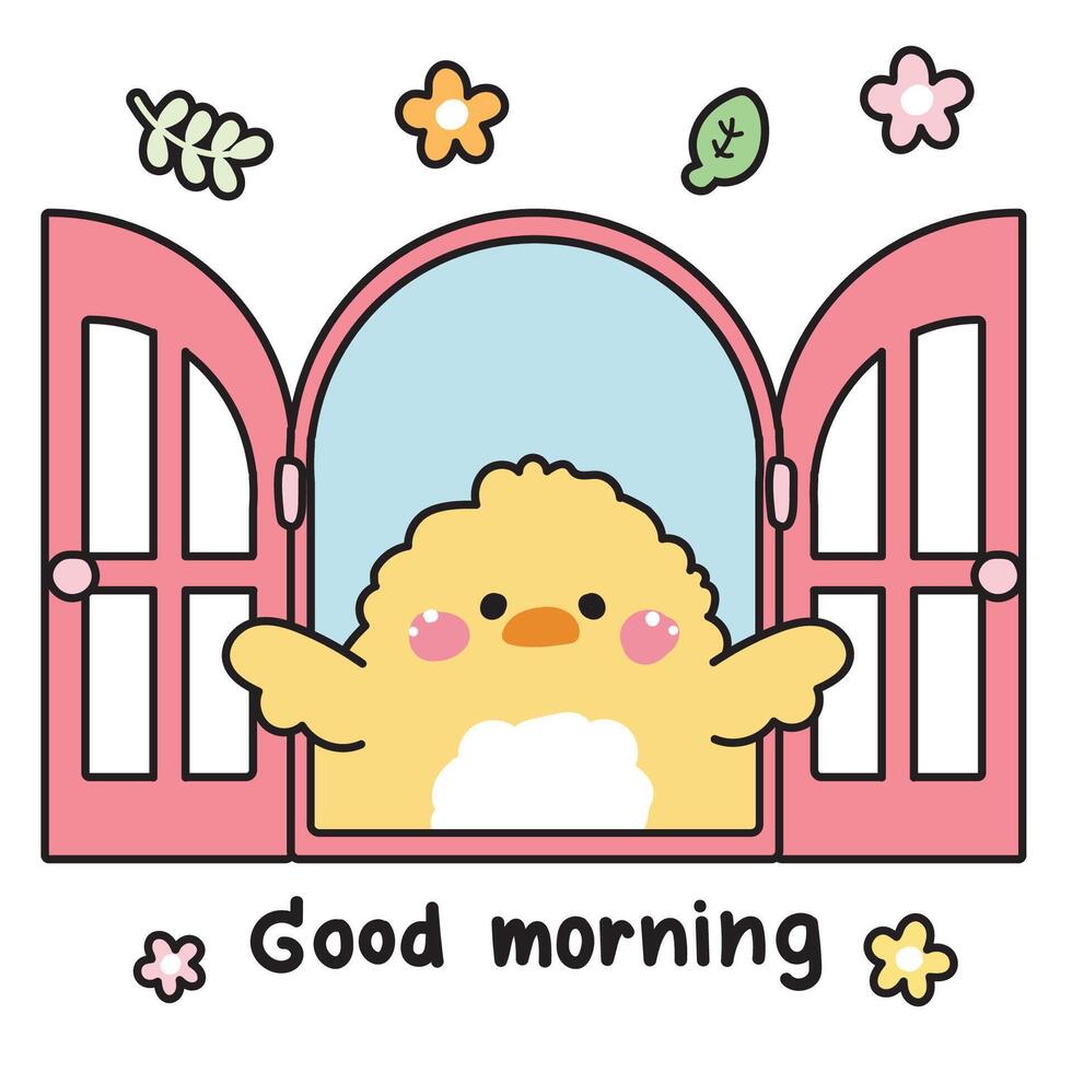 Cute chicken open the window with flower and leaf background.Good morning text.Farm bird animal character cartoon design.Image for card,sticker,baby product.Kawaii.Illustration vector