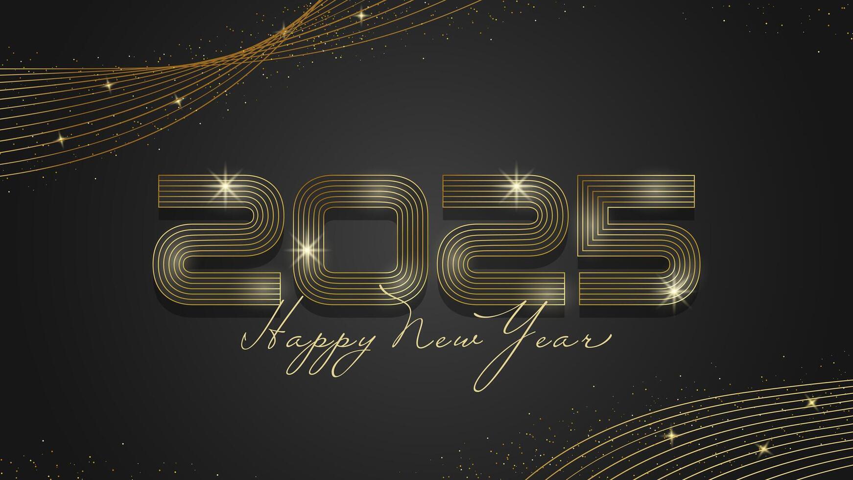 Golden 2025 happy new year lettering with sparkling particles for new year's eve celebration. illustration vector