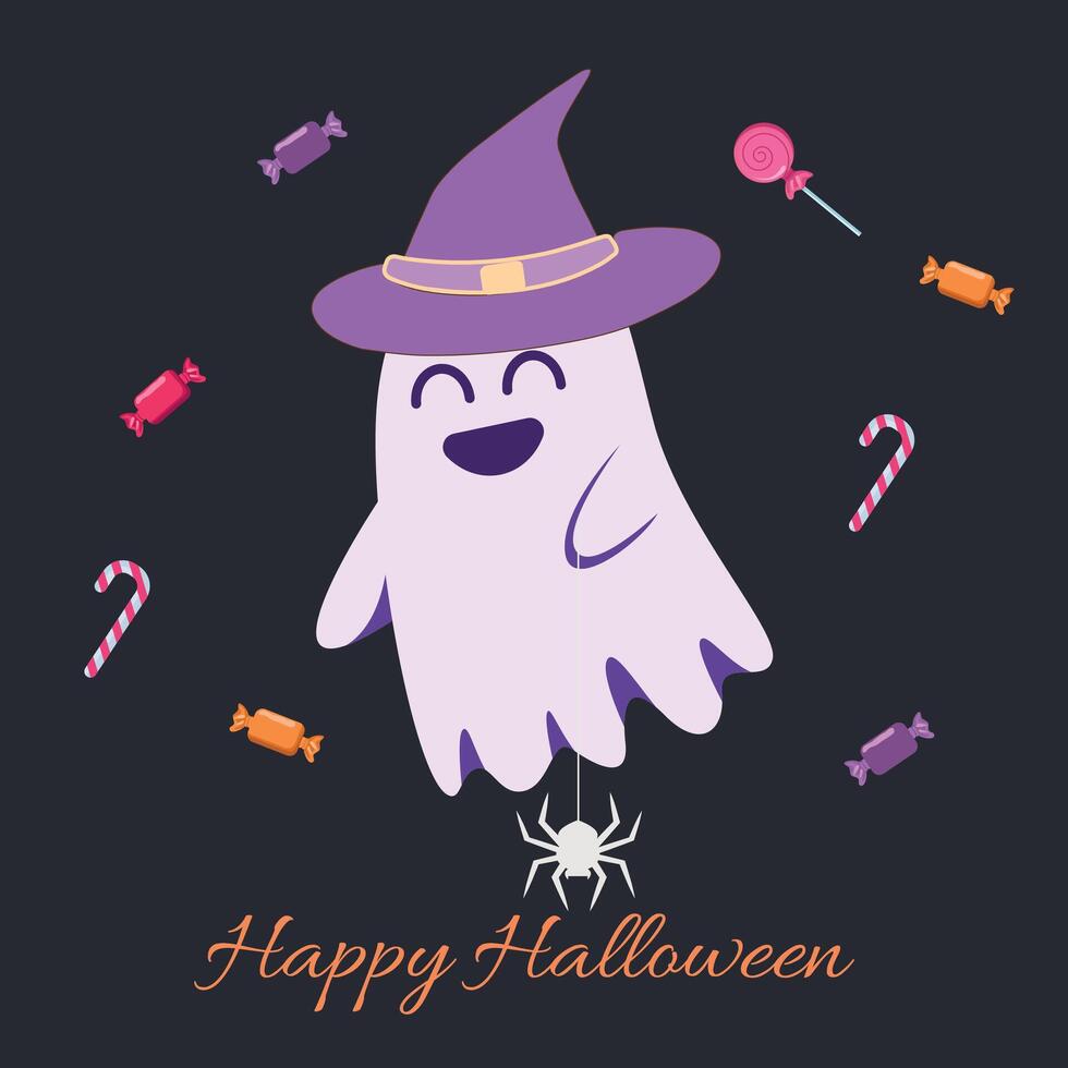 Cute Happy Halloween ghost with witch hat, candies, and spider for festive greeting card. Funny ghost character. Retro style Halloween illustration vector
