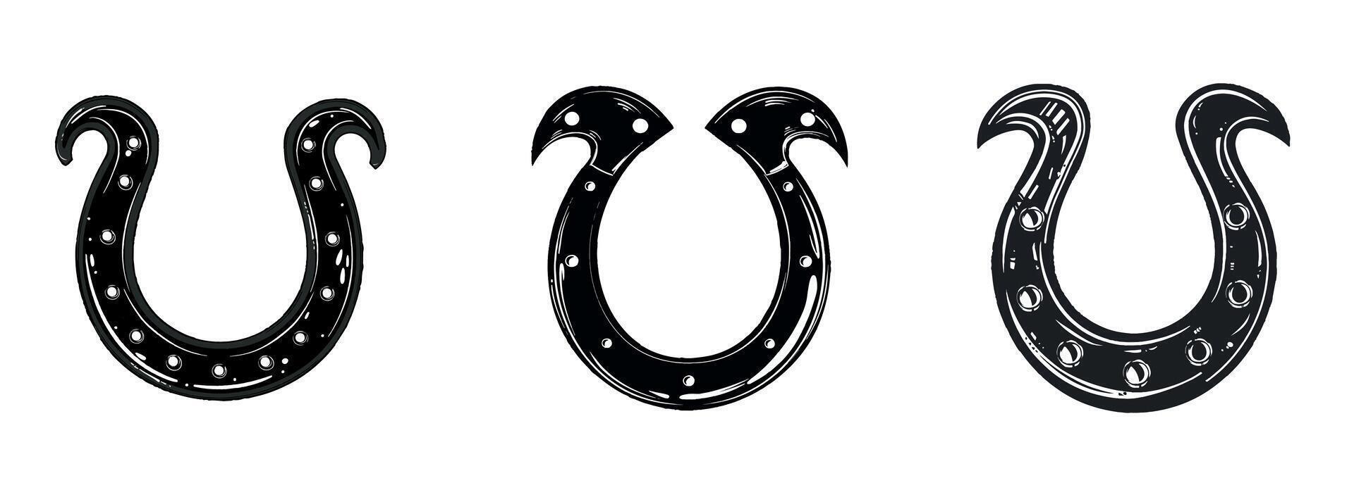 Set vintage black horseshoe with photocopy stipple effect for good luck and Western design. Illustration in halftone design for banner or poster, grunge coquette y2k collage vector