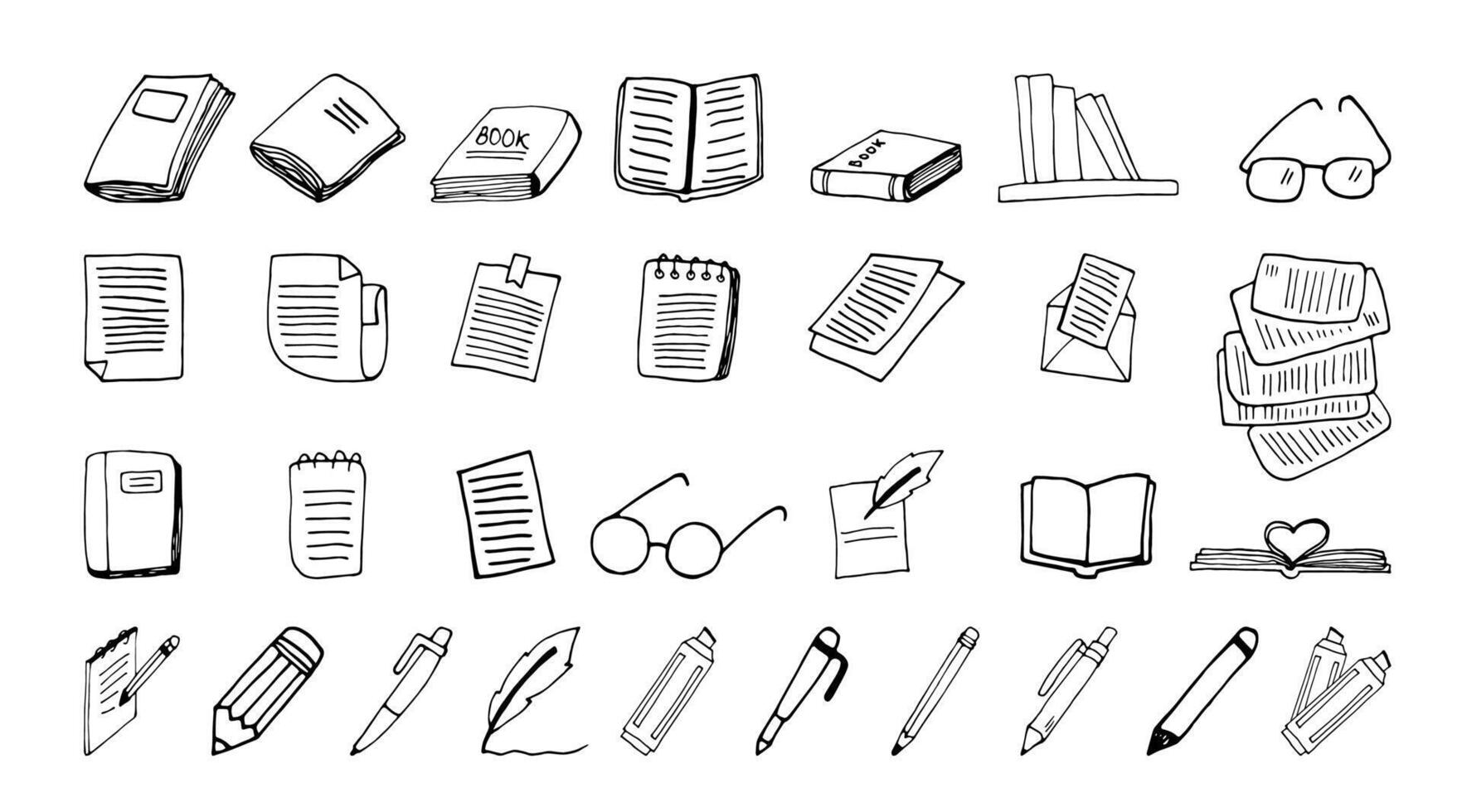 Hand drawn doodle set of books, pens and notes about learning and writing vector