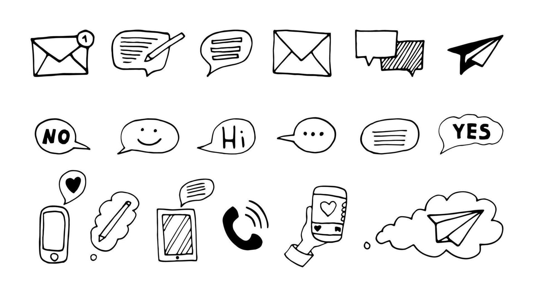 Hand drawn doodle phone, message, chat bubble. Social media communication icons vector