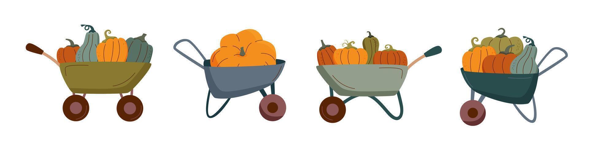 Harvest festival poster. Set of carts with pumpkins isolated on white. Harvest concept. Autumn concept. vector