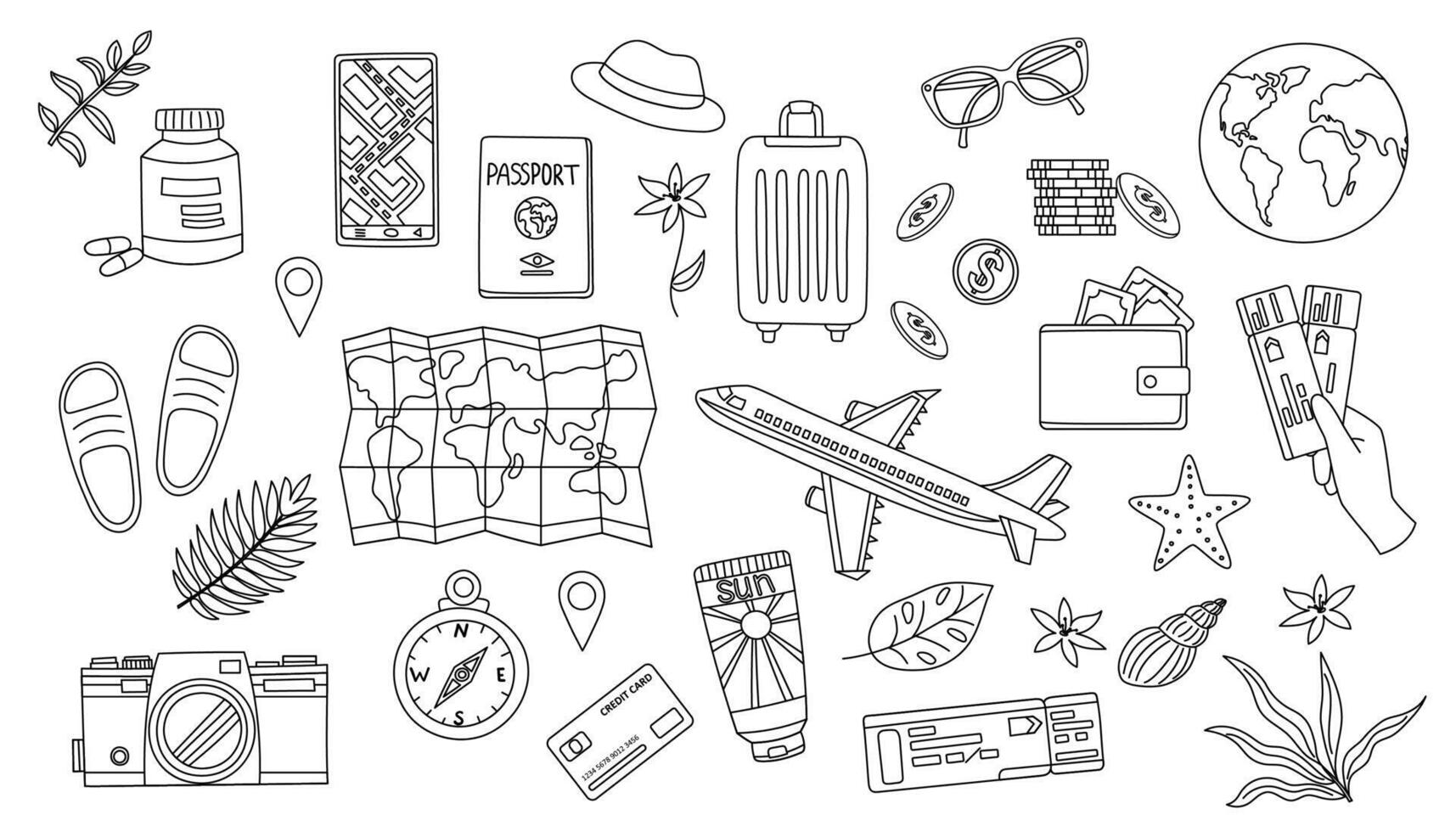 Travel set. Travel concept. Set of travel objects. Hand drawn doodle illustration. vector