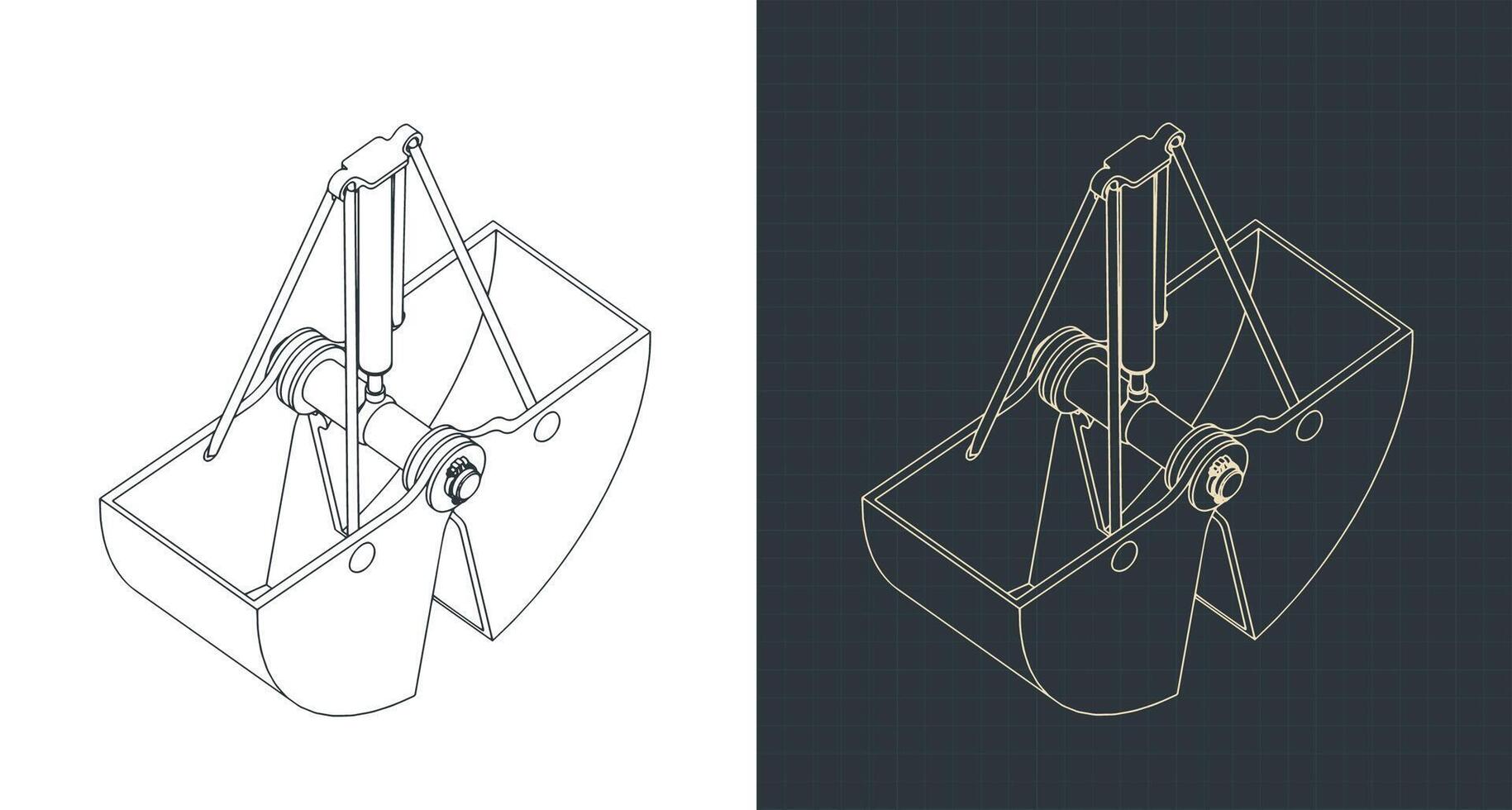 Clamshell digging bucket isometric blueprints vector