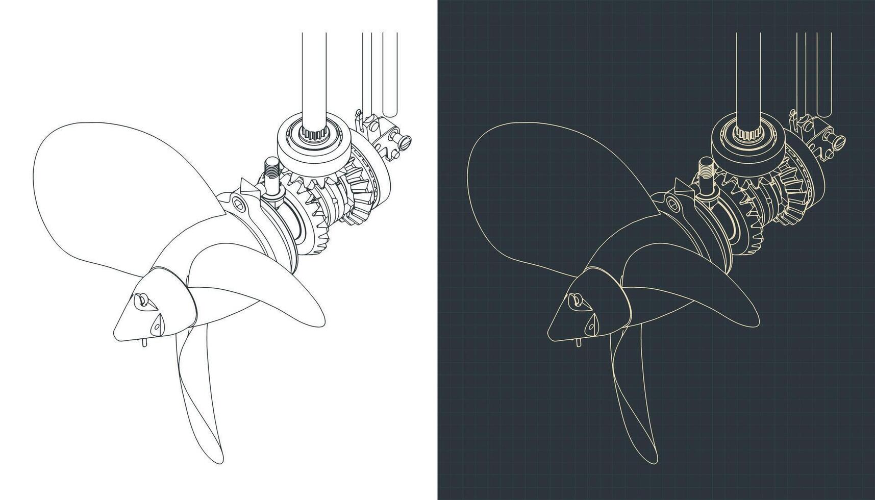 Outboard motor gearbox isometric blueprints vector
