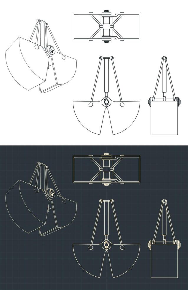 Clamshell digging bucket blueprints vector