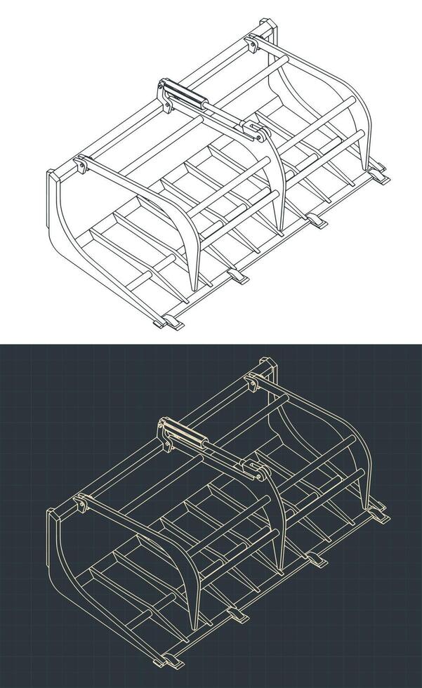 Grapple bucket isometric blueprints vector