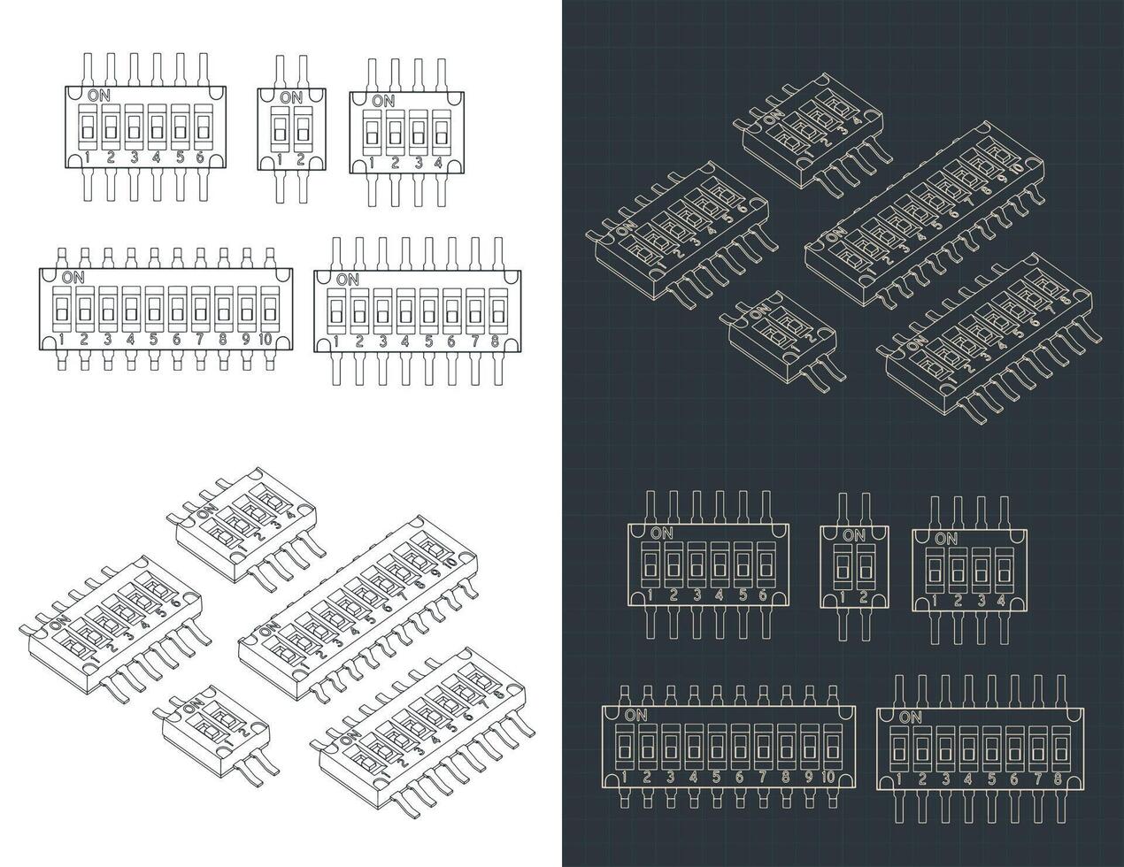 SPDT Multi-pole slide switches blueprints vector