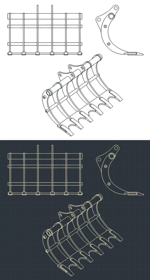 Rake for excavator blueprints vector