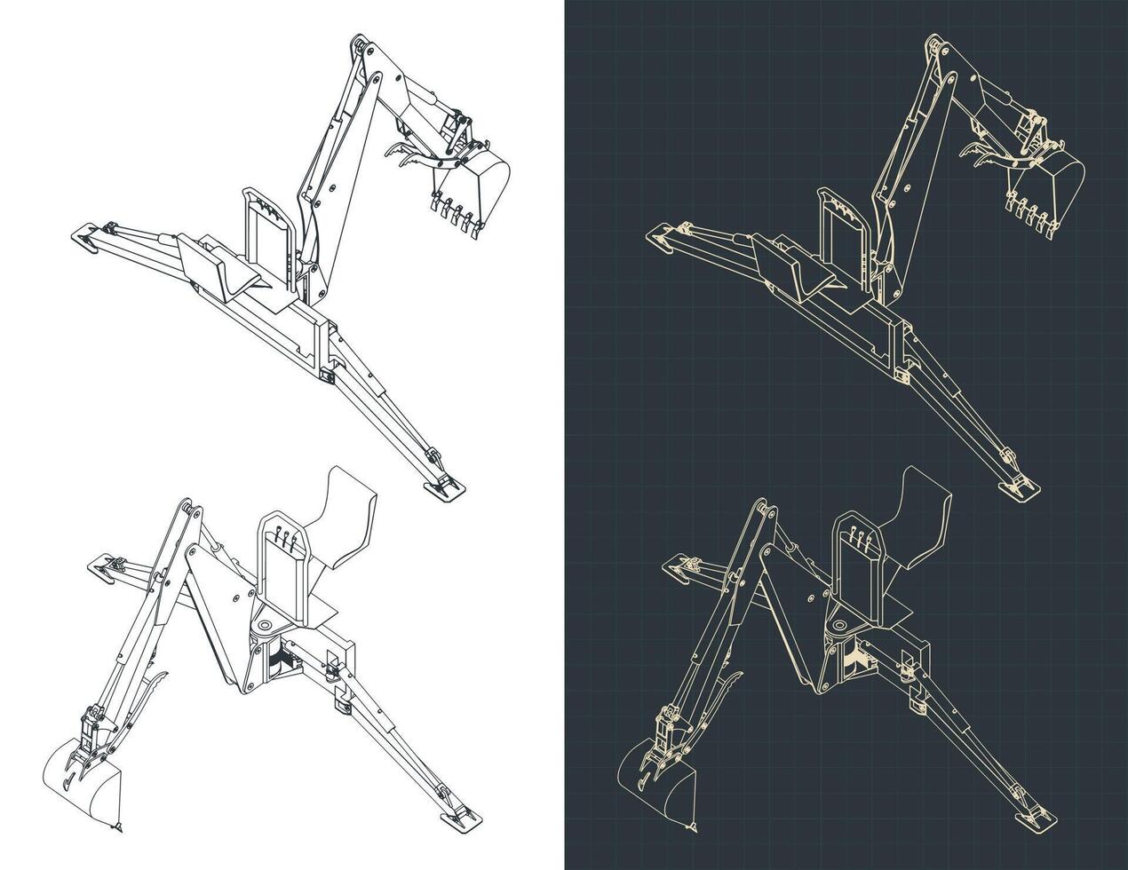 Backhoe loader isometric blueprints vector