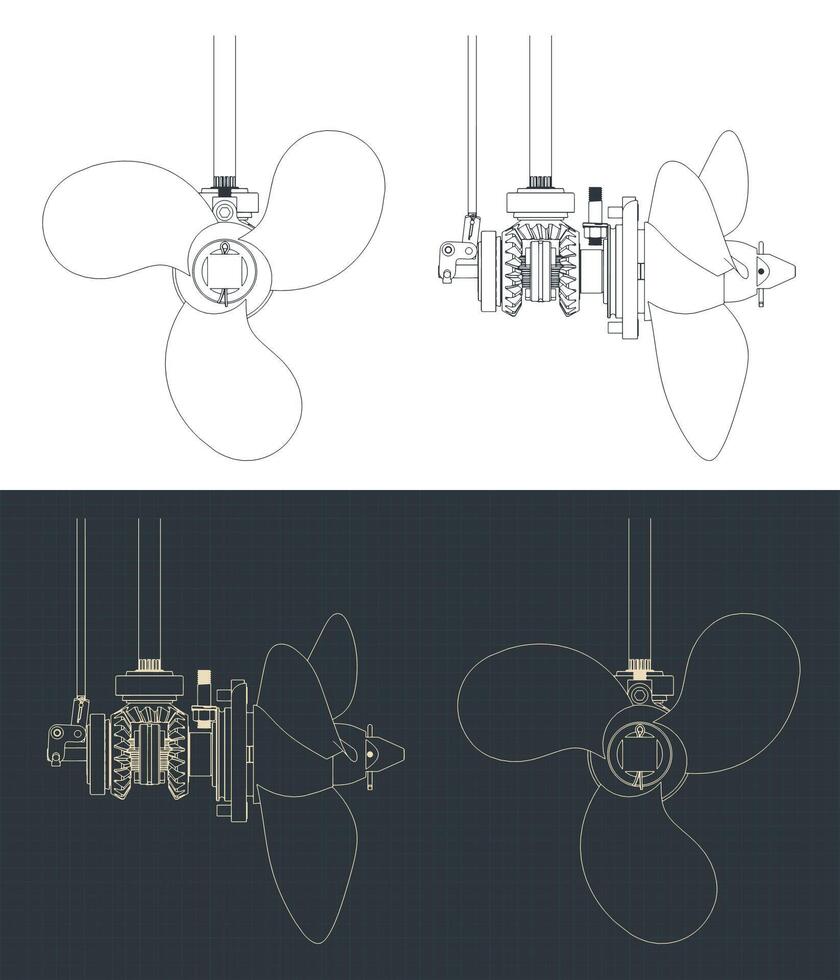 Outboard motor gearbox blueprints vector